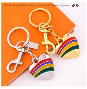 Rainbow Heart Keychain Purse Charm, Gold Enamel Drip Oil Heart with CZ Rhinestones, Cute Wallet Keyring Bag Charm Gift for Women, Girls, Daughter, Mom & Valentine