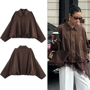 Women's Street Fashion Solid Loose Suede Texture Coats Causal Long Bat Sleeves Lapel Zipper Fly Winter Vintage Jackets