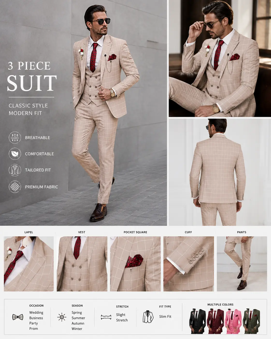 Men's 3-Piece Plaid Slim-Fit Suit Set, Formal Tuxedo for Wedding & Business Occasions