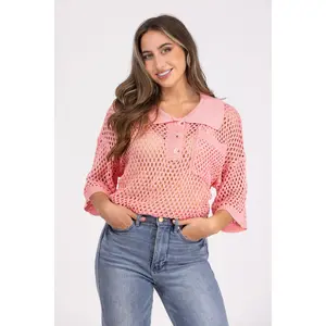 Sweet Breeze Women's Collared Neck Short Sleeve Sweater