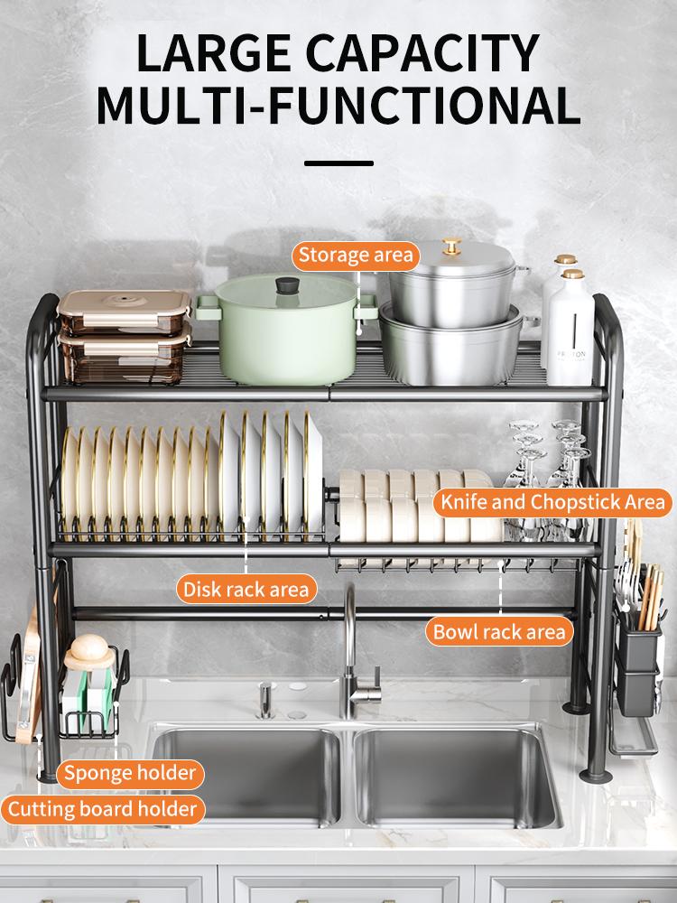【Holiday Deals】MiAoli Over Sink Rack Kitchen Over The Sink Dish Drying Rack Organizer Large Space Saving Dish Drainer Countertop Dishes Rack On Counter Caddy Utensil Metal Organizer 1&2 Tiers