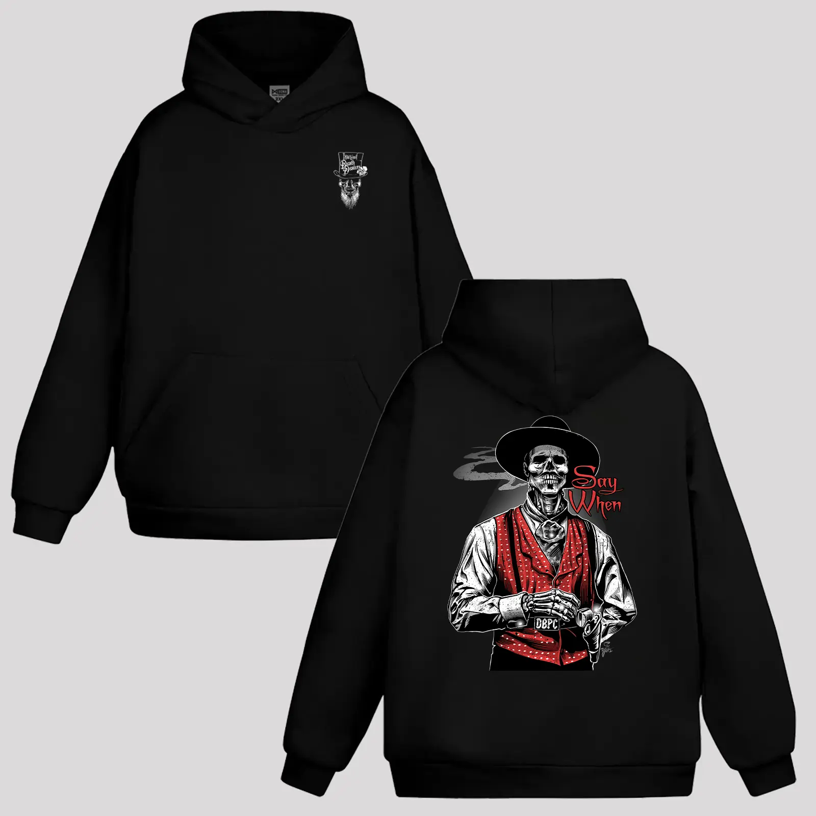 Men's Hoodie with "Say When" Graphic Print, Casual Western Tombstone Inspired Top, Soft Cotton Blend Fabric for Movie Lovers, Tops, Fitted, Pullover