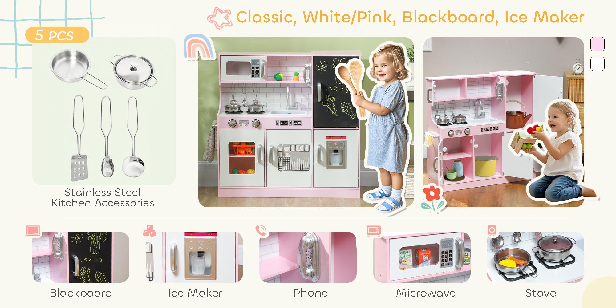 Qaba Corner Kitchen Playset with Cooking Set, Kids Kitchen Set with Range Hood, Microwave, Oven, Stove, Refrigerator, Telephone, Pretend Play Kitchen with Sound Effect for Toddlers