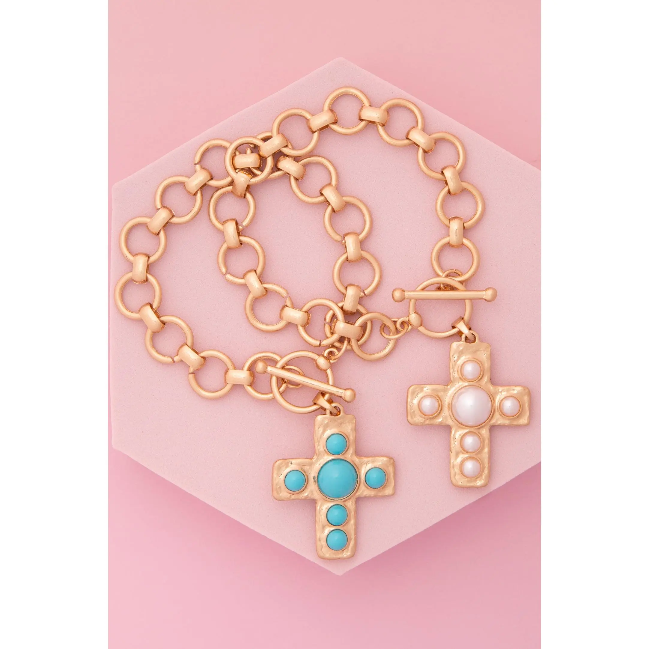 Camila Cross Charm Toggle Chain Bracelet with Pearl or Turquoise