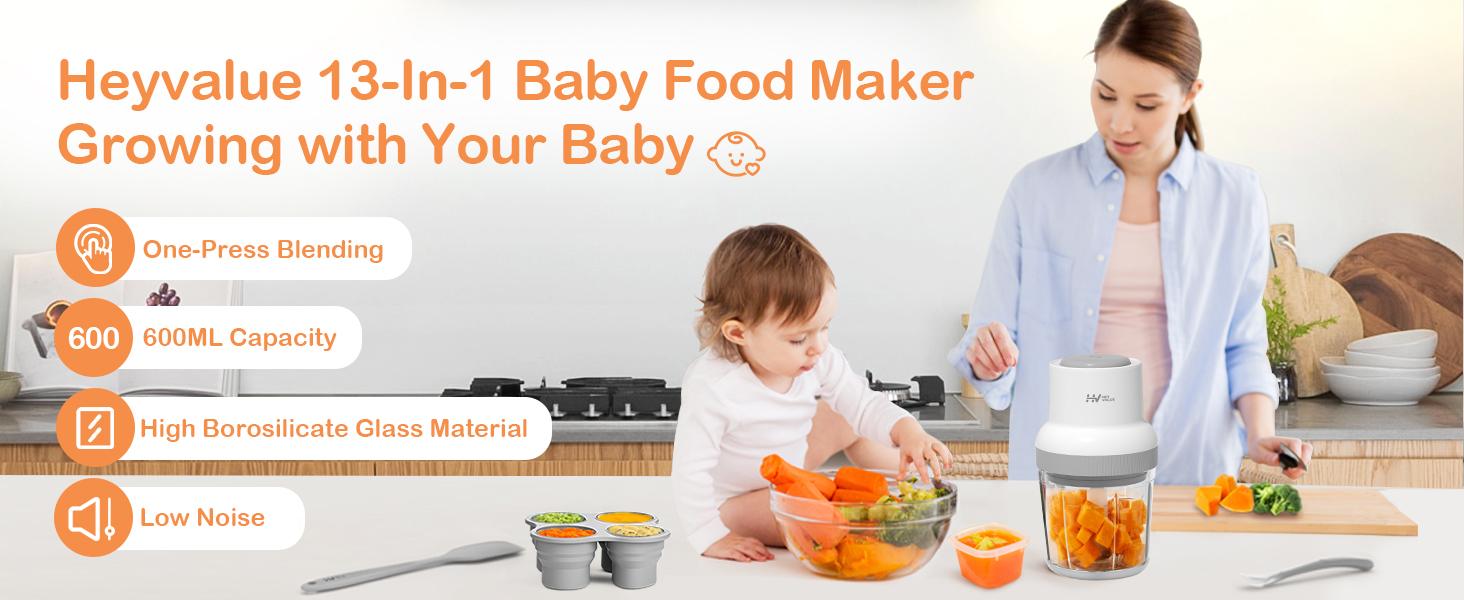 Baby Food Maker, HEYVALUE 13-in-1 Food Processor Set, Fruit, Vegatable, Meat, Baby Puree Blender with Baby Containers, Food Freezer Tray, Silicone Spoons, Spatula,Food-grade Material