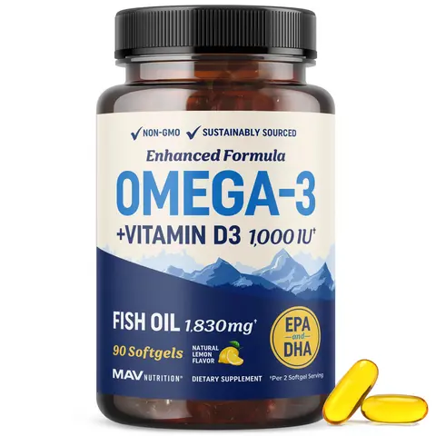 MAV Nutrition Omega 3 Fish Oil with Vitamin D3 1280MG EPA DHA 1000IU Vit D3 for Heart Immune Bone Health 90 Softgels Non-GMO Sustainably Sourced