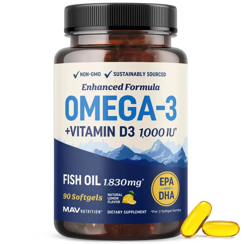 MAV Nutrition Omega 3 Fish Oil with Vitamin D3 1280MG EPA DHA 1000IU Vit D3 for Heart Immune Bone Health 90 Softgels Non-GMO Sustainably Sourced