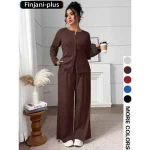 Plus Size Women's Autumn Winter Two-Piece Set Casual Long Pants Suit, Loose-Fit Moderate Fabric, Summer Style