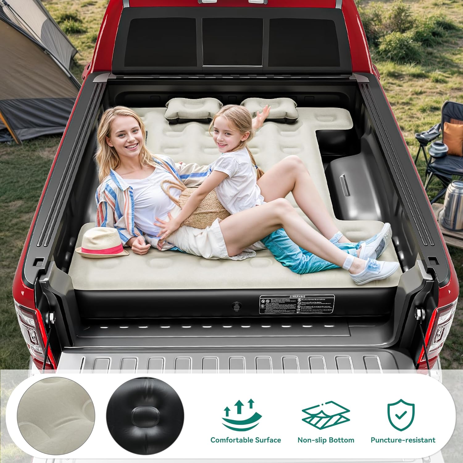 YITAMOTOR Truck Bed Air Mattress for 5.5-5.8 ft Full-Size Short Truck Beds, Inflatable Car Mattress Bed with Pump, Pillows, Carry Bag & Repair Kit for Outdoor, Travel, Camping (Black&Gray,Black&Brown)