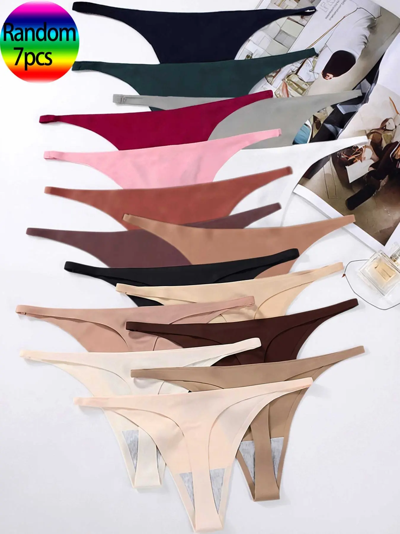 Women's Ice Silk Thongs Pack of 7 Random 7 PCS, Seamless Summer Fashion Breathable Underwear, Knitted Stretch Underwear, Fitted Design, Soft Stretch Panties, No Show Panties, Elegant Style, Chic, Breathable Seamless Panties, Womenswear