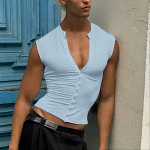 INCERUN Men's Allure Muscle Fit Tank Top Deep V Neck Button Up Slim Casual Vest