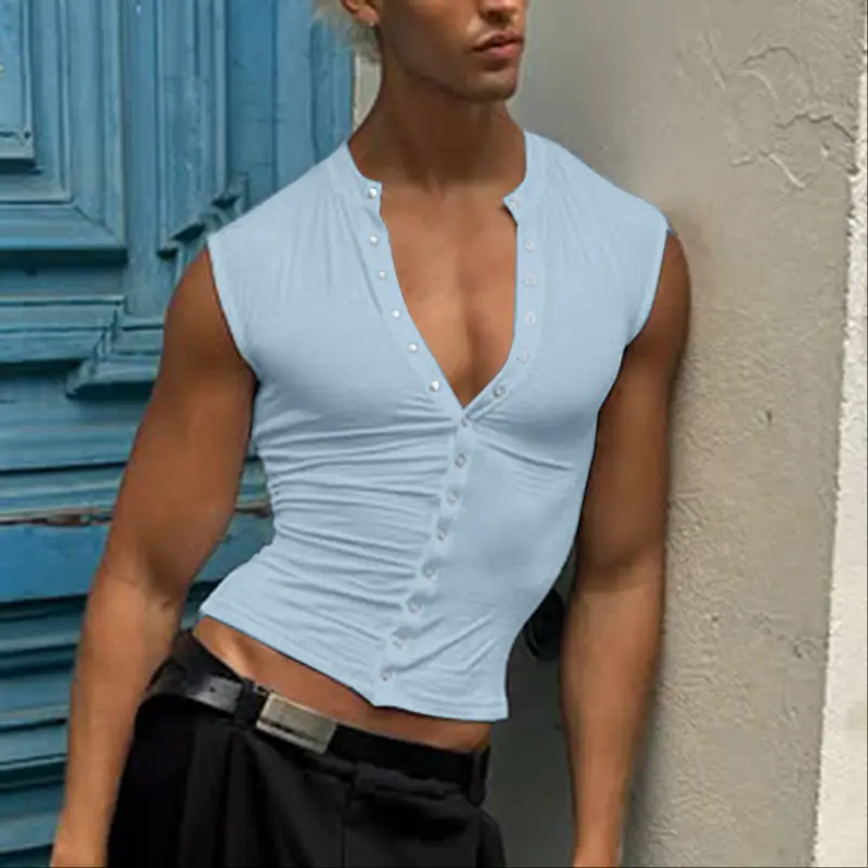 INCERUN Men's Body-Defining Muscle Fit Full-Button Training Vest, Athletic Deep V-Neck Breathable Sleeveless Activewear for Gym & Casual Streetwear, Tank Top, Tight