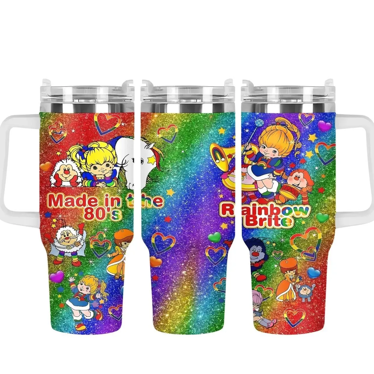 RainbowBrite 40oz Tumbler with Handle & Straw, Made in the 80's Stainless Steel Insulated Travel Mug, Retro Cartoon Glitter Rainbow Cup, Vintage 1980s Nostalgia Drinkware, Gift for RainbowBrite Fans