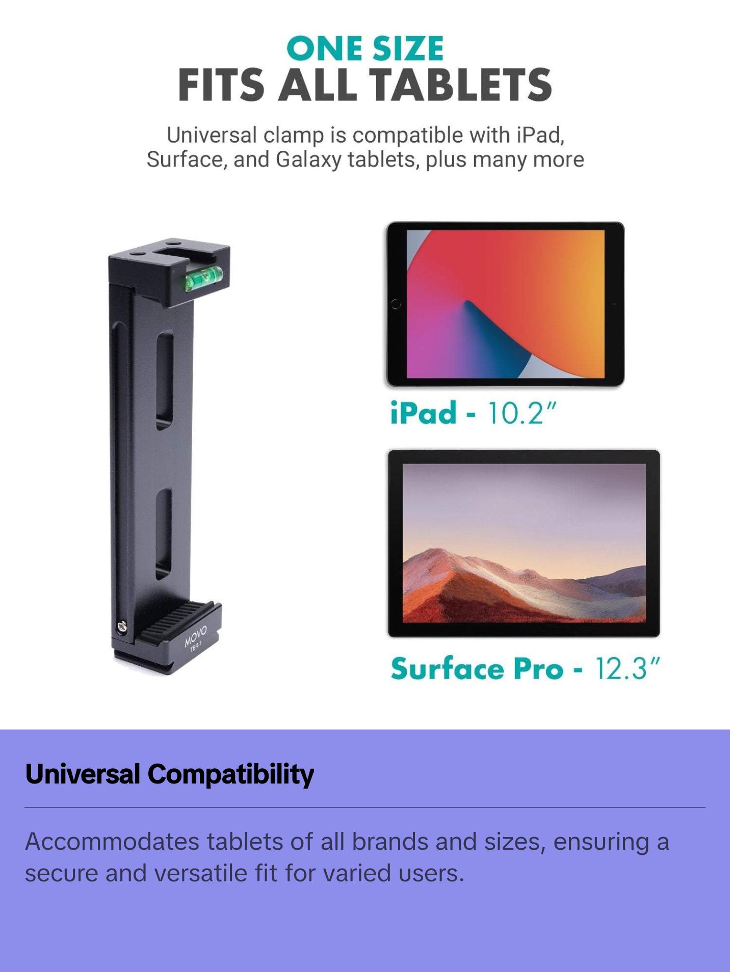 Movo - TBR-1 Universal Tablet Tripod Mount with Cold Shoe for Mini Microphone, Aluminum, Compatible with iPad, Samsung Galaxy, Android Tablets