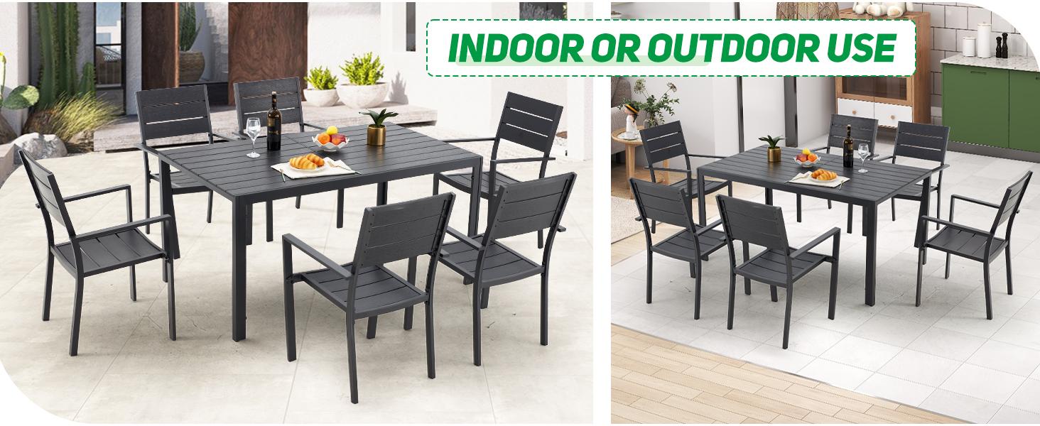 AECOJOY 7 Piece Outdoor Dining Set, 60" x 36" Aluminum Frame, Wood-Plastic Tabletop, 150 lbs Capacity, Adjustable Feet Pad, Spacious Design Metal Patio Kit