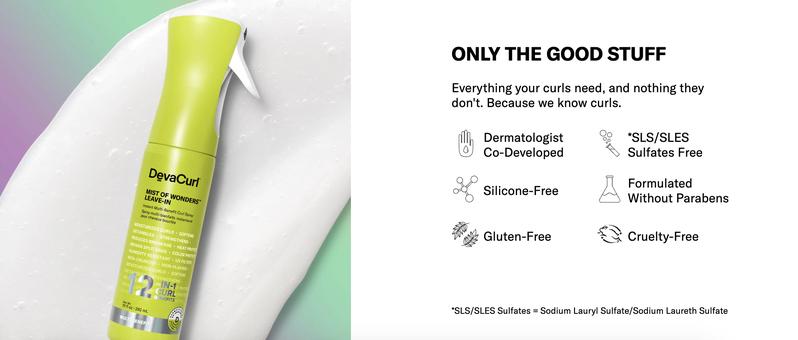 DevaCurl Mist of Wonders Leave-In Multi-Benefit Curl Spray, Continuous Mist Spray 12-in-1 Curl Benefits for All Waves, Curls, and Coils 10oz