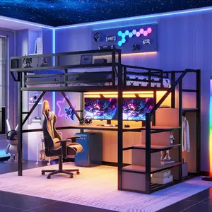Queen Loft Bed Frame with Desk and RGB Light, Metal Loft Bed Frame Queen size with Stairs and Bedside Shelf, Heavy-Duty Lofts Beds with Storage Shelves and Wardrobe, Black