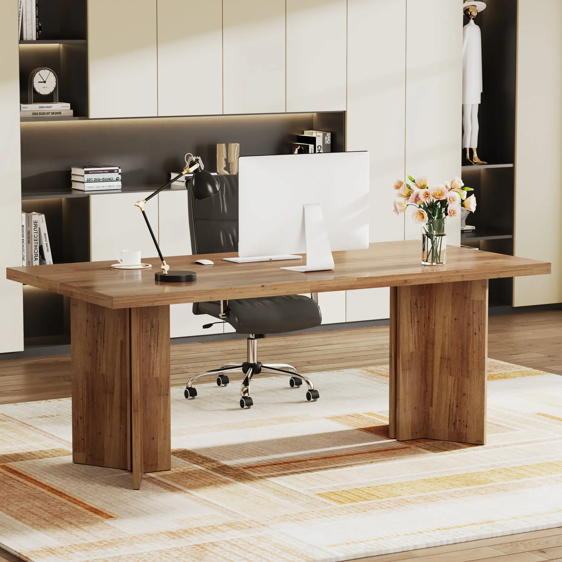 LITTLE TREE 63-inch Executive Desk, Vintage Home Office Computer Desk with Large Tabletop, Farmhouse Wood Writing Conference Table Workstation for Office, Study, Walnut Brown