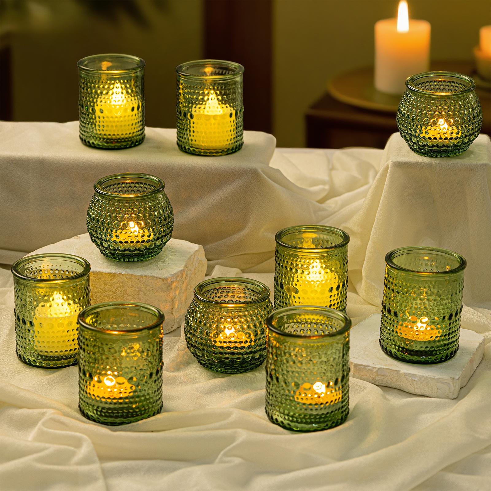 A Set of 24 Clear/ Blue/ Amber/ Green/ Pink/ Gold＆Purple Candle Holders of Varying Heights, Perfect for Wedding and Home Dining Table Decorations