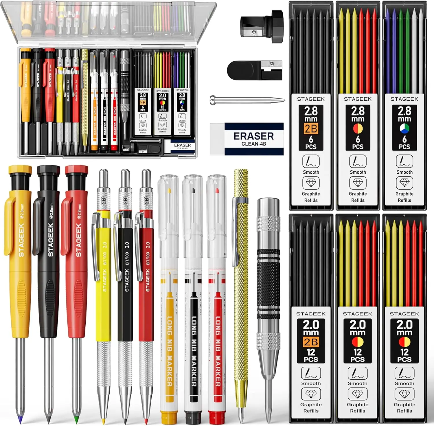 STAGEEK 22 Pack Carpenter Pencil Set with Sharpener, Mechanical Carpenter Pencils with 60 Refills, Deep Hole Long-Nib Marker Pens, Carbide Scribe Tool & Construction Pencils for Architect with Case