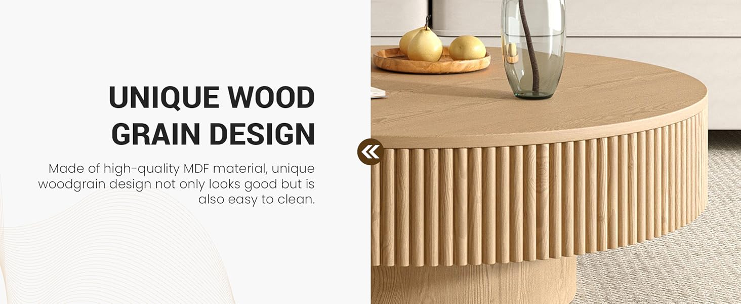 Apicizon 31.5'' Round Fluted Coffee Table, Mordern Wood Coffee Table for Living Room, Boho Drum Table for Small Space, Circle SideTable, Nesting End Table for Apartment, Easy Assembly