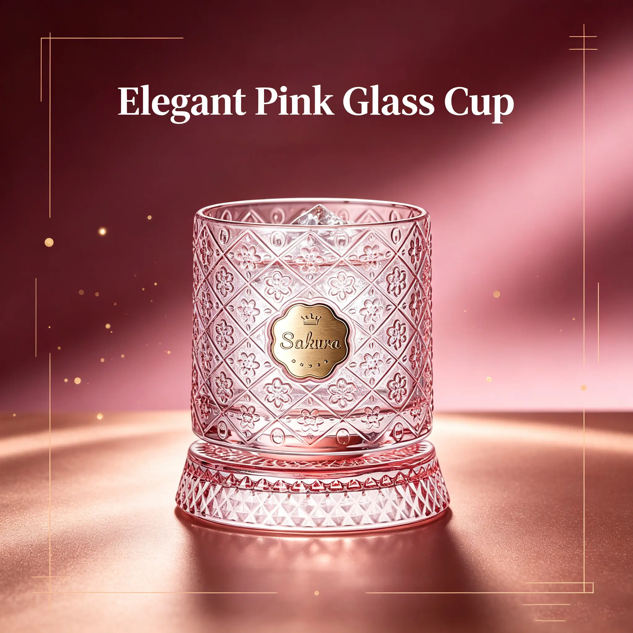 SummerWins GLACIA CRAFT Thick Transparent Crystal Glass Tumbler - 12oz Pink Sakura Floral Print Embossed 360° Rotating Weighted Lead-Free Cup, Ideal for Whiskey, Iced Coffee, Birthday Gifts & Home Bar Decor