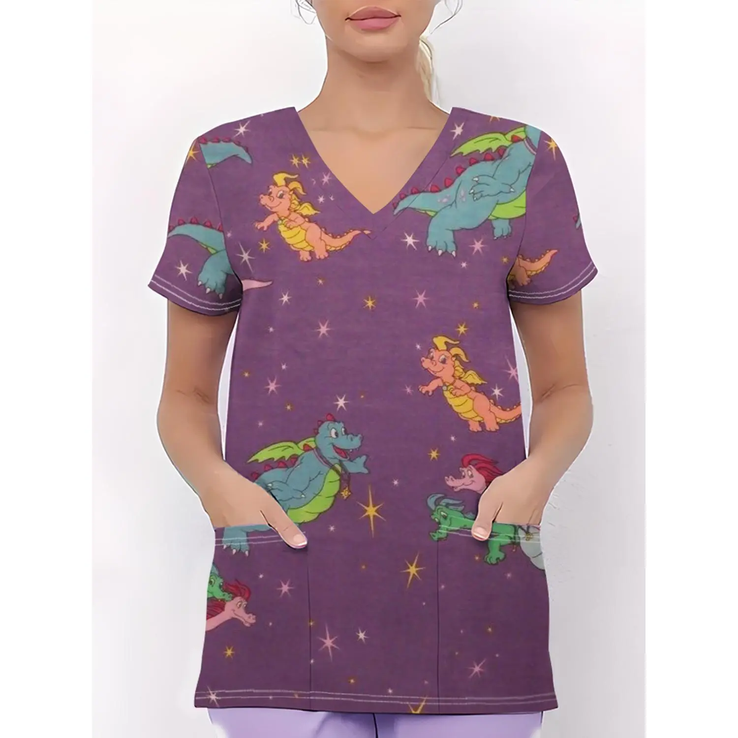 Caregiver Uniforms - Short-Sleeve V-Neck Workwear with Pockets, Adorned with Playful Cartoon Designs, Breathable and Chic for All-Season Everyday Comfort