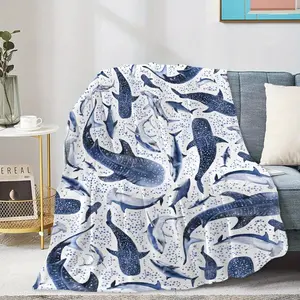 Comfortable Ocean Shark Flannel Blanket - Soft, Warm, Lightweight, Suitable for Bed, Sofa, or Lounge Chair - Blue and White Whale Print, 280 g/m², Machine Washable, Perfect for Home Decoration or Gift, Bed Blanket