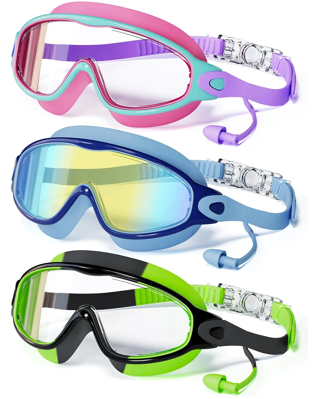 MARISUN 3 Pack Swimming Goggles, Kid Goggles with Earplugs Large Frame Anti-Fog/UV Wide View Swim Goggles Boys Girls 4-12