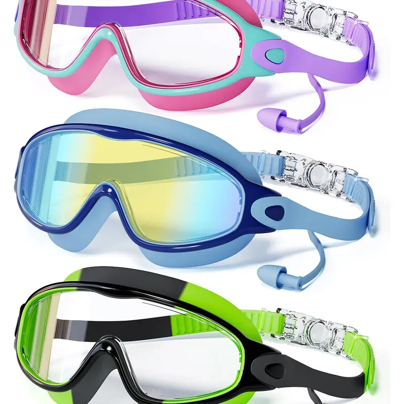 MARISUN 3 Pack Swimming Goggles, Kid Goggles with Earplugs Large Frame Anti-Fog/UV Wide View Swim Goggles Boys Girls 4-12