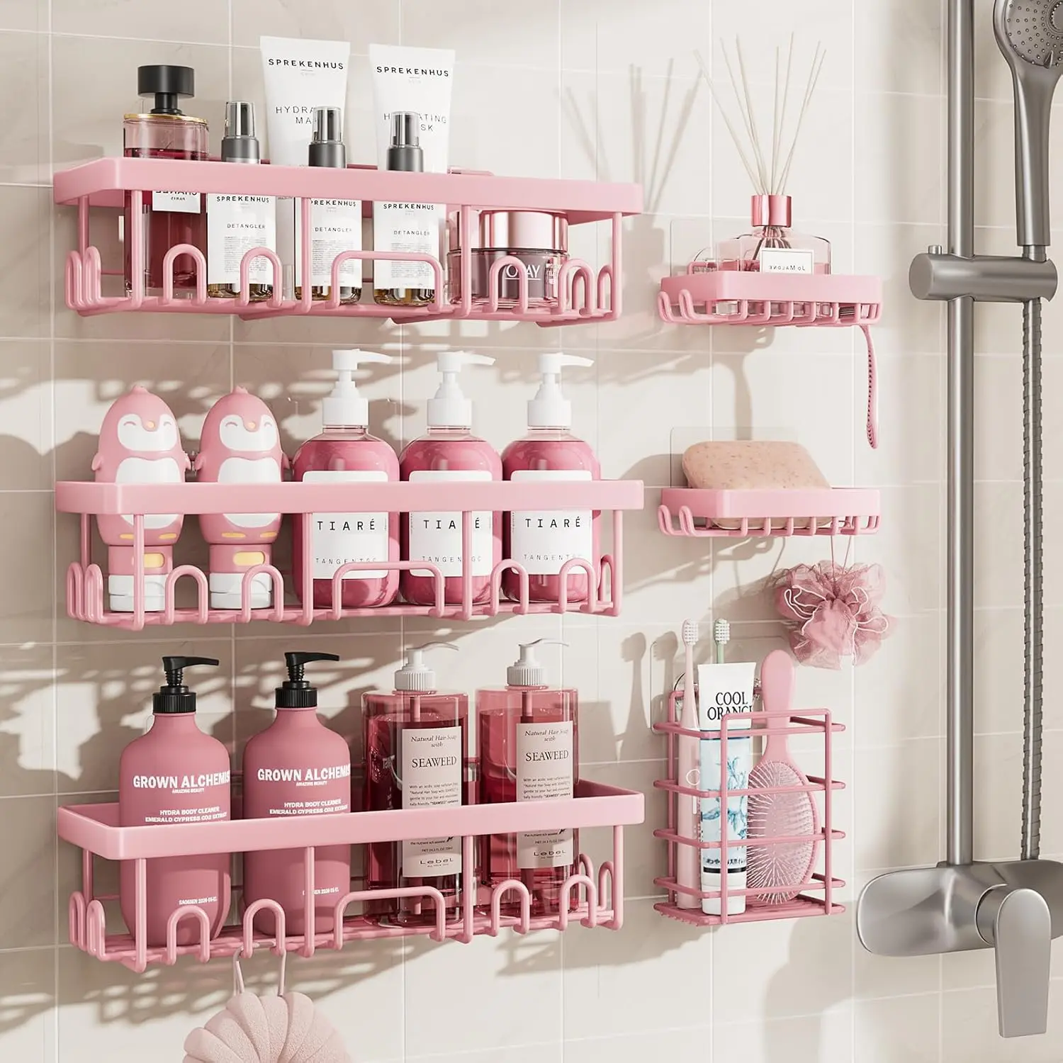 Jabukosu 6-Pack Stainless Steel Shower Caddies with Shelves - Drill-Free Self-Adhesive Shower Organizer, Quick-Dry Rustproof Modern Bathroom Accessory