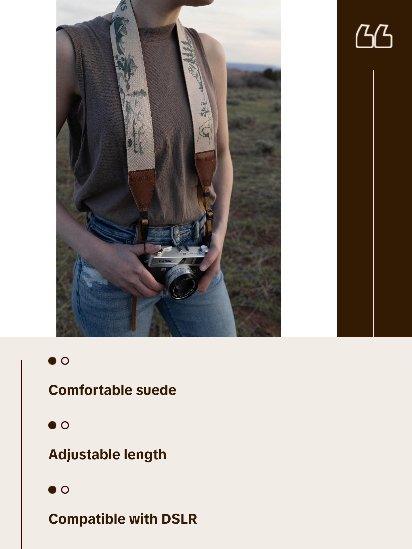 National Park Camera Strap - Leather ends, Comfortable suede, Adjustable, Compatible Connection - DSLR, Mirrorless, Film, Photographer Accessory