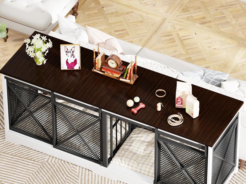 COZPAW 78" Double Dog Crate Furniture for 2 Dogs,Extra Large Furniture Style Dog Kennel,Heavy Duty Wooden XL Dog Cage with Removable Divider,Pet Cage TV Stand & Side Table (White Brown)