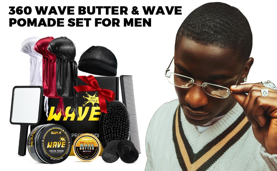 Strong Hold Wave Pomade for Men, 360 WaveTraining Hair Cream Grease Promotes Layered Waves, Silky Shine, Non-Toxic,  High Performance， Brush and Durag Cap Set ，Valentine’s Day Gift for Men