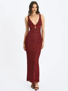 Elora Crimson Sequin Beaded Keyhole Maxi Dress
