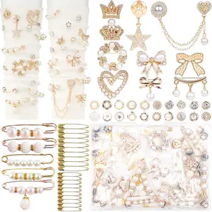 55 Pcs Shoe Charms Junk Socks Charms Kit Gold Brooches and Pins for Women, Pearl and Rhinestone Sock Charms with Safety Pins, DIY Accessories for Decorating and Personalizing Socks