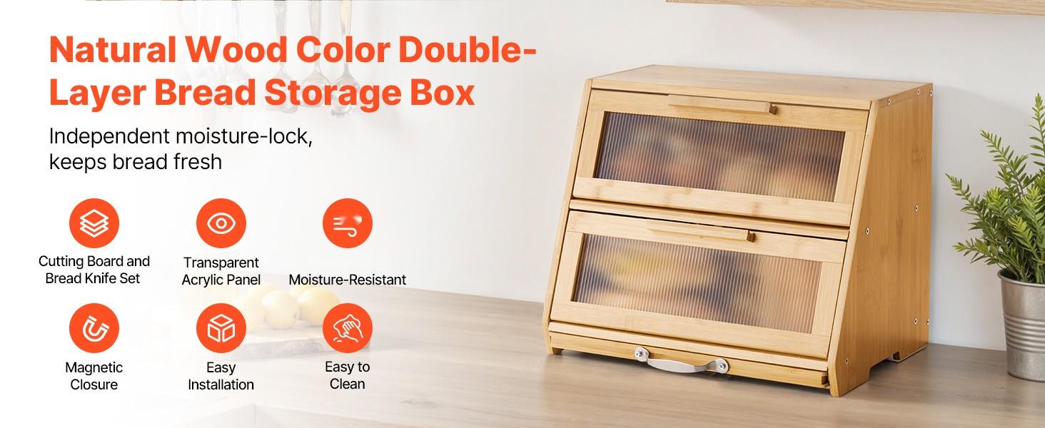 Double Layer Bread Box For Kitchen Counter - Bamboo Storage Container Natural Finish, Two-Tier, Airtight Seal, Stackable Pantry Organizer, Eco-Friendly Natural Bamboo Bread Keeper, Countertop Organization And Fresh Bread Storage