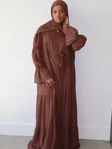 Bohemian 3-Piece Abaya Set Sheer Open Abaya with Puffed Long Sleeves & Flared Cuffs Fully Lined Inner Dress Matching Hijab Detachable Belt