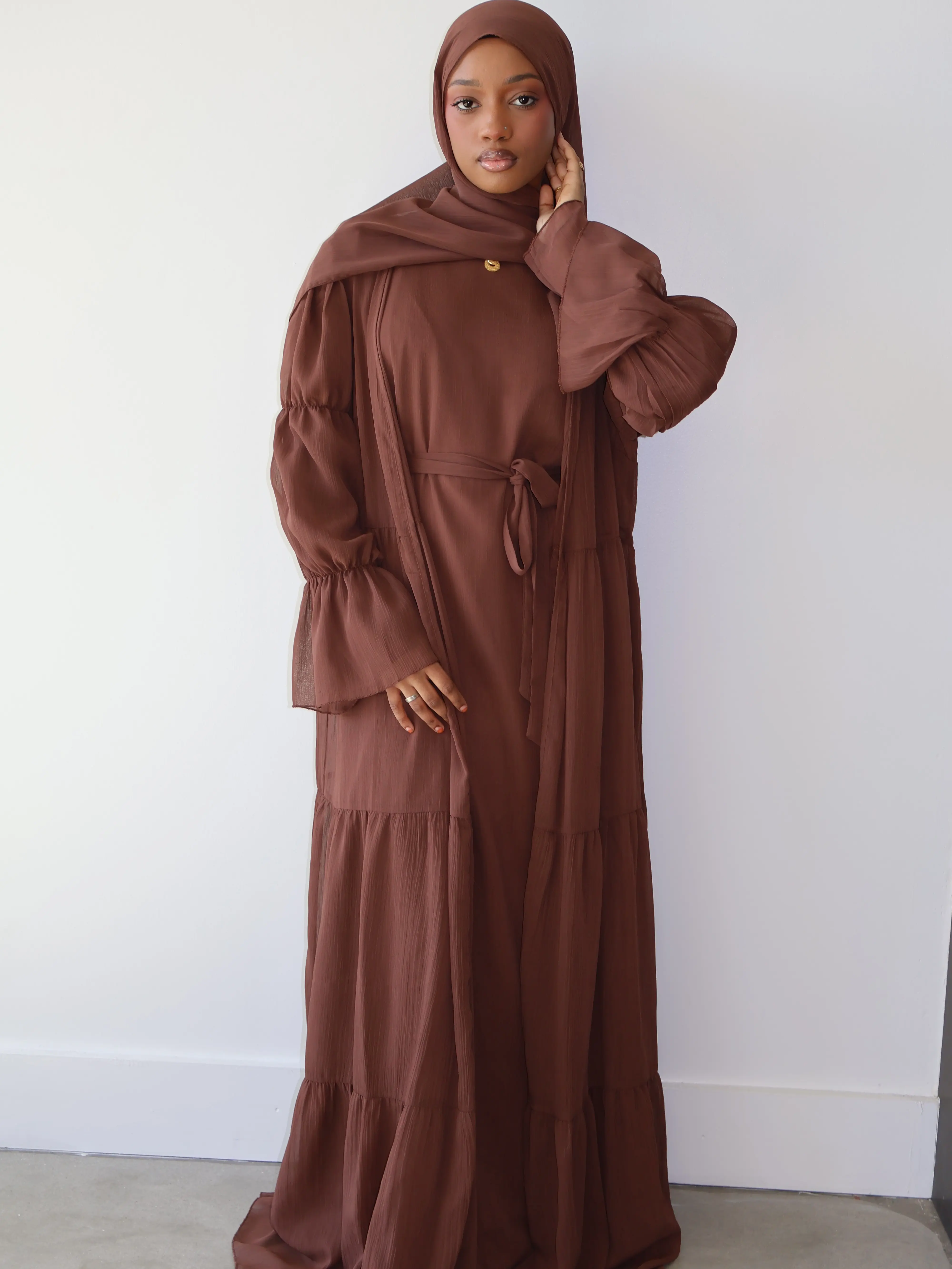 Bohemian 3-Piece Abaya Set Sheer Open Abaya with Puffed Long Sleeves & Flared Cuffs Fully Lined Inner Dress Matching Hijab Detachable Belt