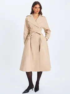 Ulila Beige Double-Breasted Pleated Cotton-Blend Trench Coat