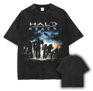 Halo Reach Unisex Washed Cotton T-Shirt, RPG graphic tees Top anime manga game merch Casual Streetwear men  gifts shirts  men Menswear Hoodie Print Straight Tshirt Shortsleeve