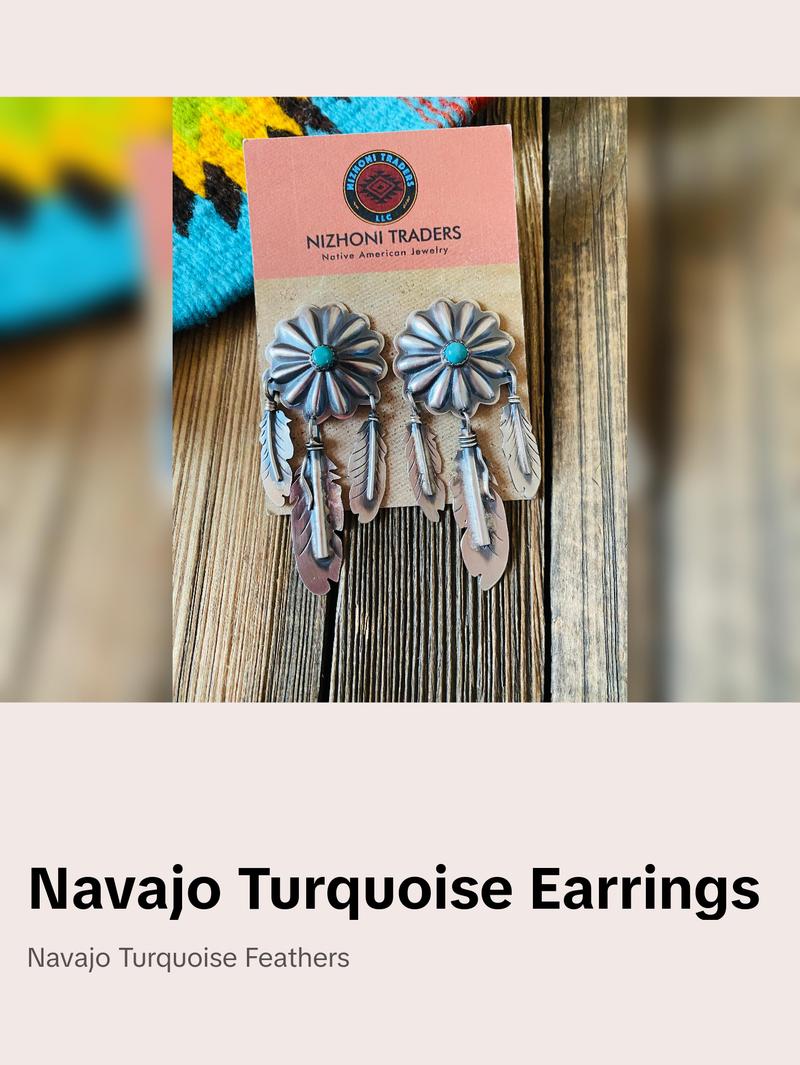 Navajo Sterling Silver & Turquoise Concho Feather Dangle Earrings