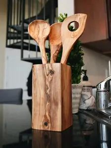 Olive Wood Spoon Set with Holder - Handmade Wooden Spoon Holder - Rustic Kitchen Utensil Organizer - Housewarming Gift Idea