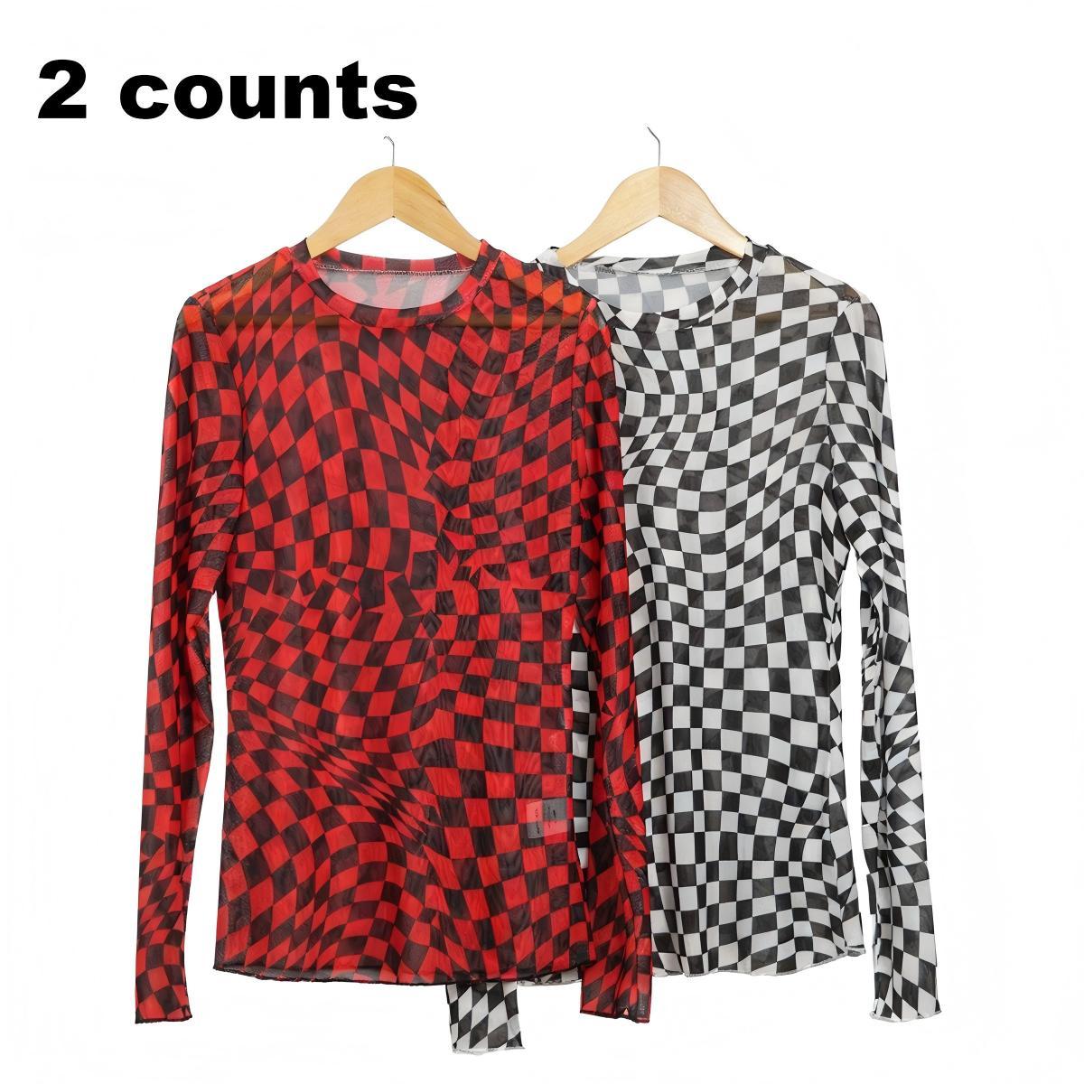 Znacicc Women's Super Chic Checkered Mesh Mock Neck  Winteroutfit Long Sleeve Top - Chic Shirt for Women - Womenswear
