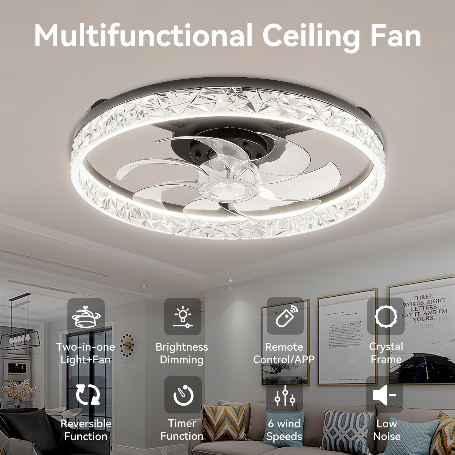 GLITGATE Cristais Multifunctional Ceiling Fan with 3 Color Temperatures Light, Remote Control/APP, 6 Wind Speeds, Timer, Reversible DC Motor, Adjustable Brightness , Low Noise for Living Room, Bedroom, Indoor Lighting Led Lighted