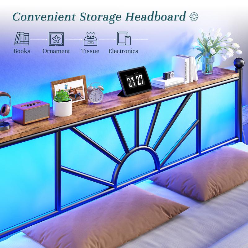 [RaybeeBrandyDay] King Queen Full Metal Bed Frame with Headboard & LED, NO MATTRESS, Queen Size Bed Frame with Storage Space & Strong Metal Slats, Iron Bed Frame, Noise-Free, Easy Assembly, Modern Bedroom Furniture, Black[BlackFridayCyberMonday]