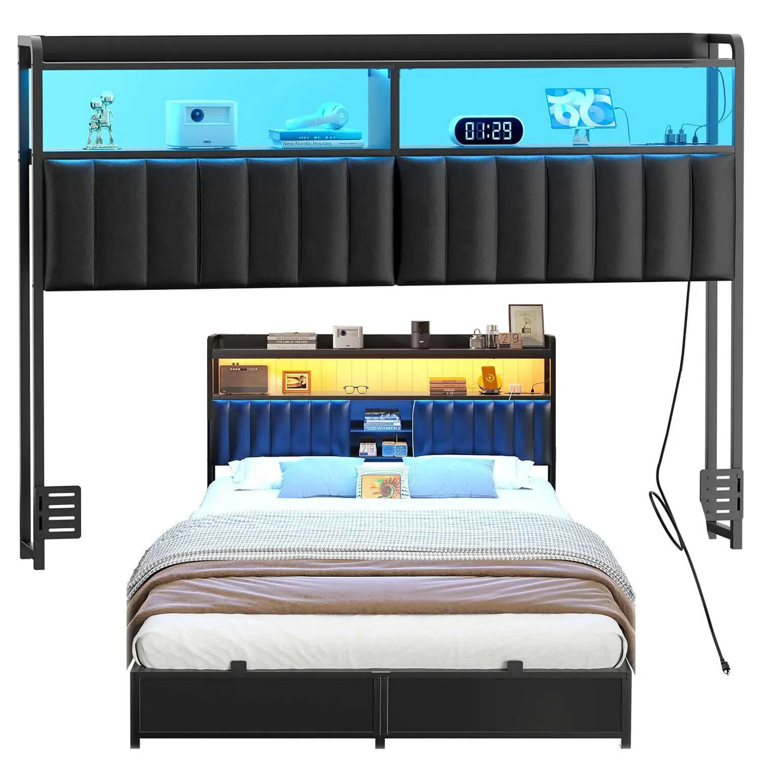 Cyclysio Modern PU Leather Upholstered Adjustable Headboard - Design Furniture for Modern Bedroom, Height-Adjustable, USB Port, Color-Changing LED Lights, 2-Tier Storage Shelf, Power Outlets, Compatible with Framed King/Queen/Full Beds