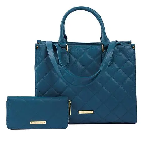 Joy Mangano Joy First Class Luxury Leather Quilted Handbag & Clutch Wallet