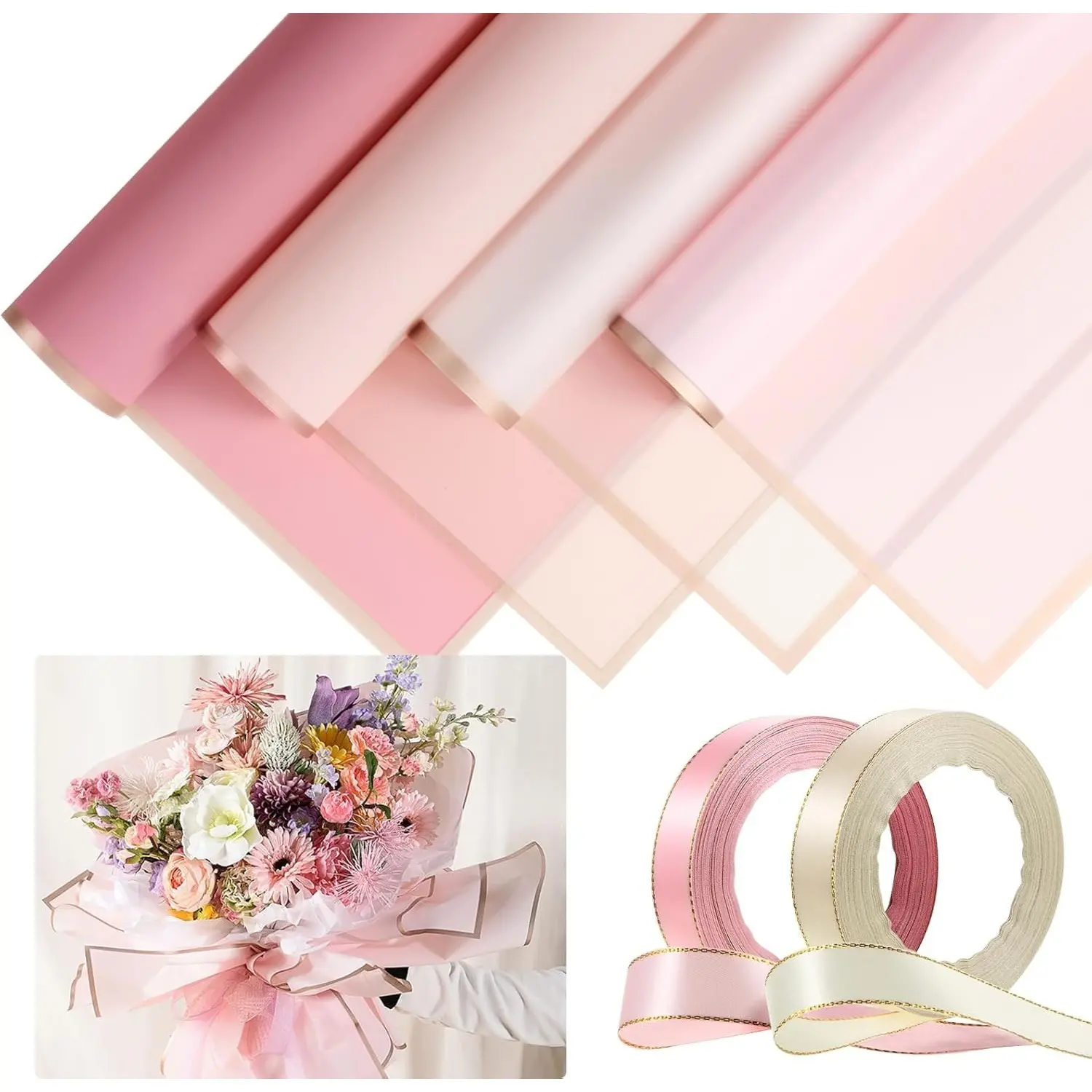 20Pcs Blush Floral Wrappingpaper with Satin Ribbon - Creative Gift Packaging Supplies, Handmade DIY Friend Present, Home Improvement Gift Wrapped Tool