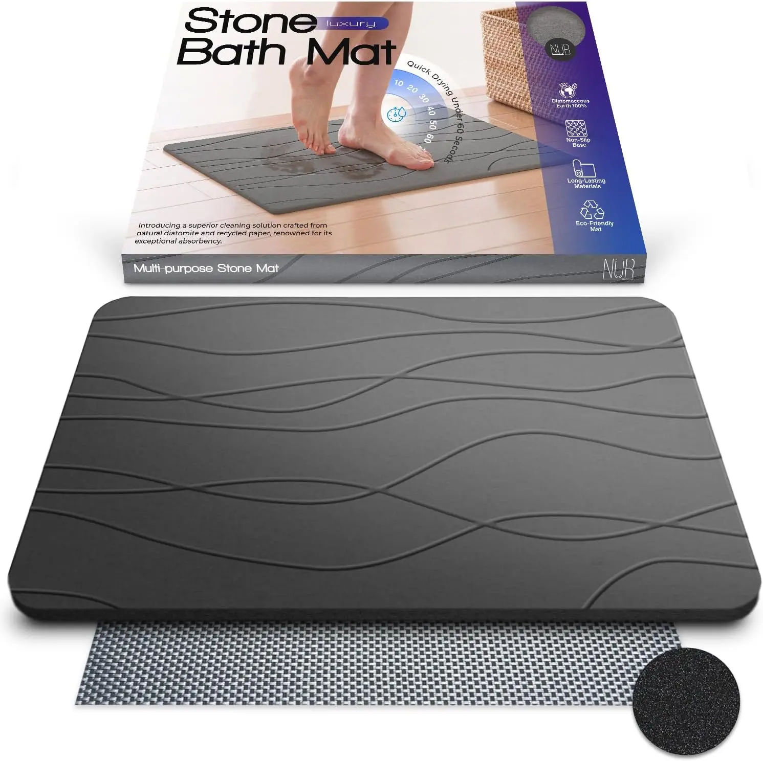 XL Rectangular Carved Look Diatomite Earth Stone Bath Mat - Non-Slip, Quick-Drying, Super Absorbent, Eco-Friendly, Easy to Clean - Multi-Purpose for Bathroom, Kitchen, Shower